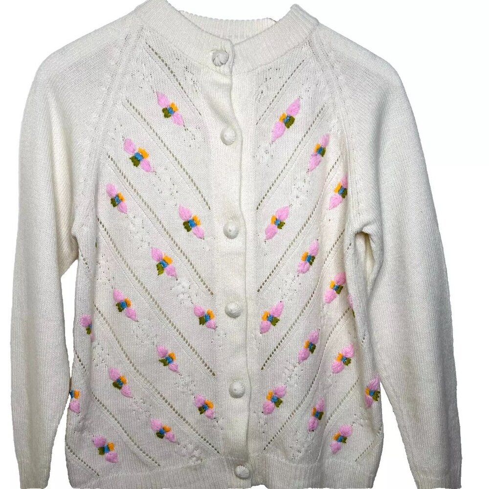 Handmade Women's Vintage Cardigan Medium Knit 3D Embroidery Pink‎ Flowers Button